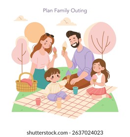 Family sitting on a picnic blanket, enjoying ice cream together. The scene captures a joyful moment with parents and children laughing, set in a sunny outdoor park. Vector illustration.
