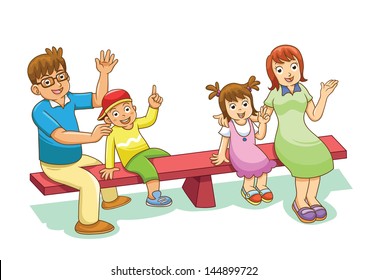 Family Sitting On A See Saw Vector Cartoon