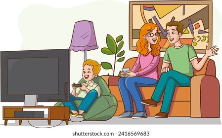 family sitting on the sofa and children playing video game together in the living room