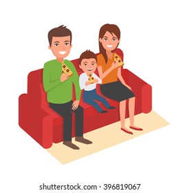 Family is sitting on sofa and eating pizza. Vector cartoon illustration. Family portrait isolated on white background.