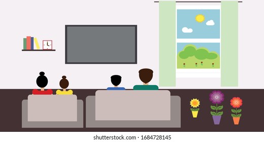 Family sitting on sofa front of the TV in the living room.  Vector flat illustration