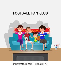 Family sitting on sofa at home and watching football game on TV, vector illustration