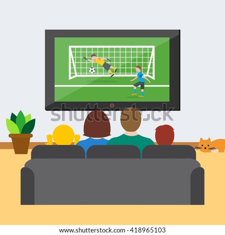 Family sitting on sofa at home  and watching football or soccer game on TV, vector illustration