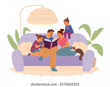 Family sitting on a sofa reading a book together flat vector illustration isolated on white.
