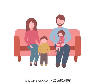 Familia sentada en el sofá, pasar tiempo libre, fines de semana o noche en casa o esperar a visitar a un médico. Ilustración vectorial para imprimir, fondos, tarjetas de felicitación y carteles. Aislado sobre fondo blanco.