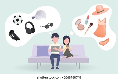 Family sitting on sofa using tablet and mobile phone to shopping online. Men's and women's wish lists are cap, sunglasses, shoes, ball, headphone, cosmetics, dress. Shopping online is convenient.