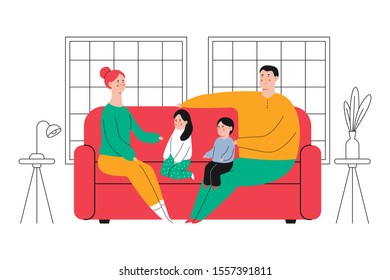 Family sitting on a sofa vector cartoon illustration.