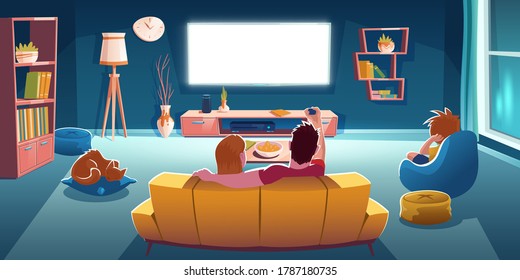 Family sitting on sofa and watch tv in living room at evening. Vector cartoon illustration of lounge room interior with rear view of couple on couch, boy on chair and glowing television screen