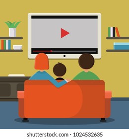 Family sitting on sofa and watching digital television on the big screen. Family together watch film on smart tv. Vector illustration