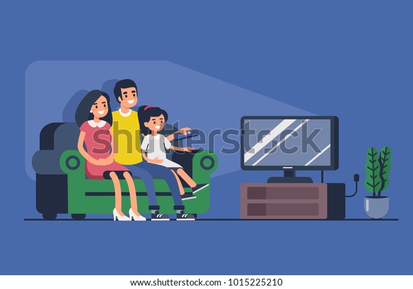 Family Sitting On Sofa Watching Tv Stock Vector (royalty Free) 1015225210