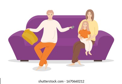 Family sitting on violet sofa, comfortable couch. Father, mother and daughter spend time together. Life of young couple with their kid. Furnishing of living room. Vector illustration in flat style