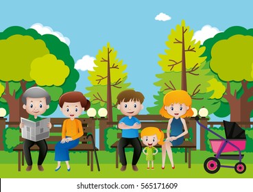 Family sitting in a park illustration