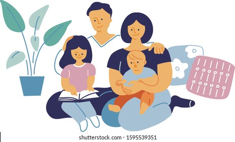 Family sitting portrait. A girl reading a book. Vector flat illustration. 