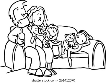 family sitting in the seat - black line vector illustration