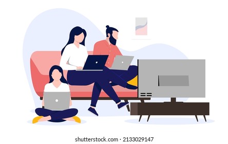 Family sitting in sofa online using computers , watching tv, while being online at home. Flat design vector illustration with white background