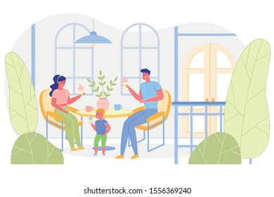 Family Sitting at Table and Eating Ice Cream.