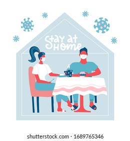 Family sitting at the table at home hiding from virus. Stay home during the coronavirus epidemic. COVID-19 outbreak, quarantine concept. Virus outside silhouette of house. Flat vector illustration.