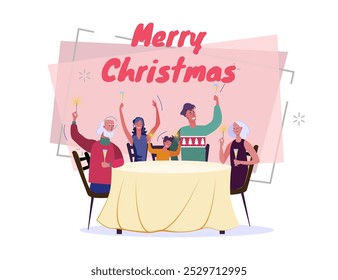 Familia sentada en la mesa, brindando y celebrando la Ilustración vectorial de Navidades. Letras de Navidades alegres sobre fondo abstracto. Nuevo año, fiesta, fiesta, concepto de familia para el Anuncio o el Diseño web