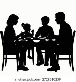Family sitting together at dining table sharing meal and quality time at home silhouette vector
