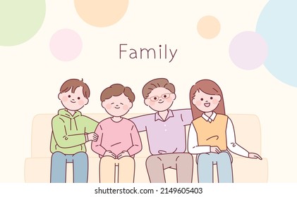 Family sitting together on the sofa. Older parents and grown children. outline simple vector illustration.