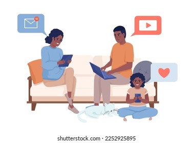 Family sitting together on sofa with gadgets semi flat color vector characters. Editable figures. Full body people on white. Simple cartoon style illustration for web graphic design and animation