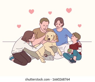 The family is sitting together in a room with a dog. The family is loving the dog. hand drawn style vector design illustrations. 