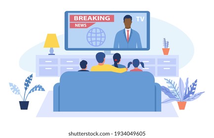 Family sitting watching Breaking News on a television screen in a rear view seated on a sofa to the anchor on the screen, flat cartoon colored vector illustration