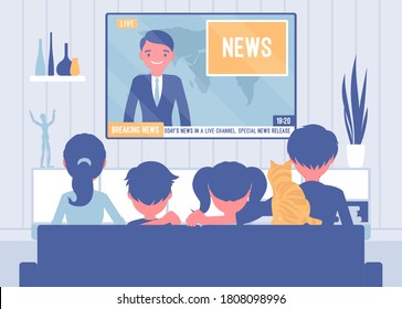Family sitting watching together TV news at home. Broadcast report of recent events for parents and children spending time in front of tv set screen. Vector flat style cartoon illustration, rear view