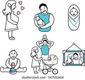 Family. Six cartoon contour drawings. Vector