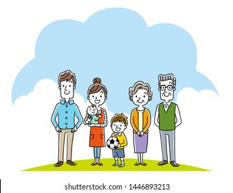 Family of six, father, mother, child, grandfather, grandmother and baby