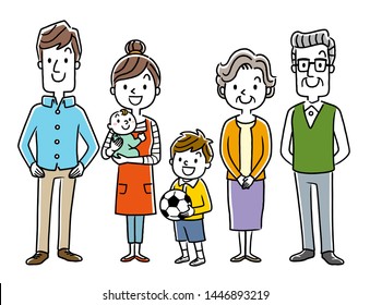 Family of six, father, mother, child, grandfather, grandmother and baby