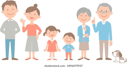 A family of six spanning three generations and their pets all together. A horizontal layout. Simple colors and easy-to-use illustrations.