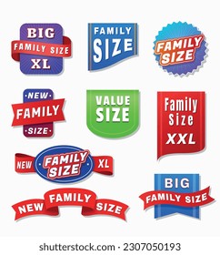 Family size big value new XL badges and corners different shape with ribbon set vector illustration. Shopping economy special offer package notice promo stickers business branding information label