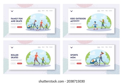 Family Skate Fun Landing Page Template Set. Rollers Mother, Father and Little Kids Characters Walking at City Park, Roller Skates, Summer Activity Leisure Vacation. Cartoon People Vector Illustration