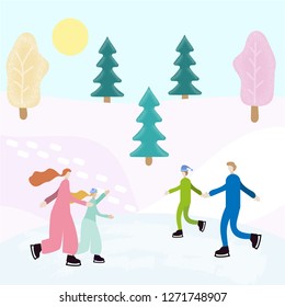 family skates on ice, mom, dad, son and daughter. enjoying the winter festive season, ice skaters on decorative background. Romantic winter illustration for your design. Sport illustration vector