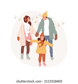 Ilustración abstracta del concepto de patinaje familiar vectorial. Feliz patinaje familiar en pista de hielo al aire libre, gente con estilo de vida saludable y activo, actividad física metáfora abstracta.