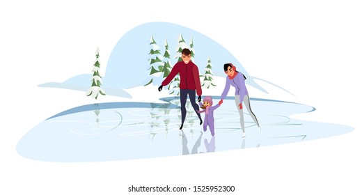 Family skating flat vector illustration. Cheerful child with parents in warm clothes cartoon characters. Happy childhood, outdoor leisure. Winter holidays, Smiling kid on ice rink, active recreation