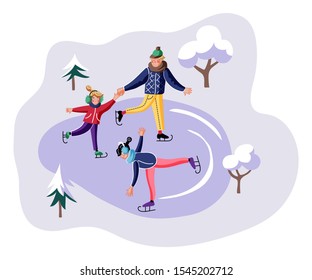 Family skating flat vector illustration. Cheerful children with mother in warm clothes cartoon characters. Happy childhood, outdoor leisure. Winter holidays, Smiling kid on ice rink, active recreation