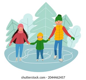 A family is skating on the ice against the background of the city. Winter sports.
