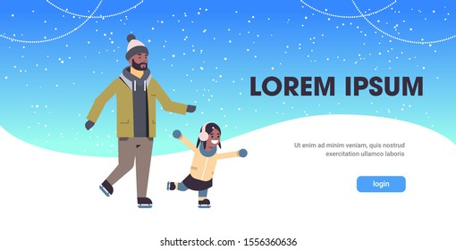family skating on ice rink winter sport activity recreation at holidays concept african american father and daughter spending time together full length copy space horizontal vector illustration