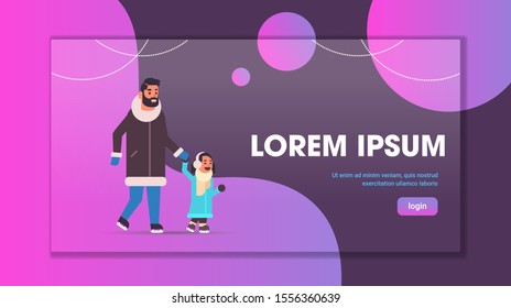 family skating on ice rink winter sport activity recreation at holidays concept father and daughter spending time together full length copy space horizontal vector illustration