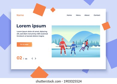 Family skating and playing hockey on frozen pond. Outdoors, parents, children, winter sports. New Year with family concept. Vector illustration can be used for presentation slide, postcard, project