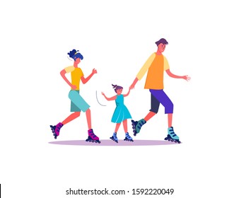 Family skating rollers. Family weekend leisure and sport spare time flat vector illustration. Leisure concept for banner, website design or landing web page