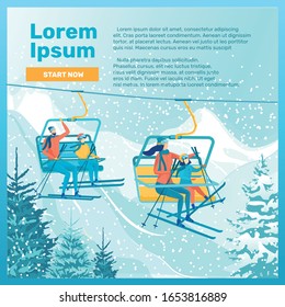 Family Ski Holiday in Mountains. Mom, Dad and Little Daughter Wearing Ski Gear, Traveling Ropeway Chairlift. Having Good Time in Winter Resort. Vector Landing Page with Copy Space for Extra Text.