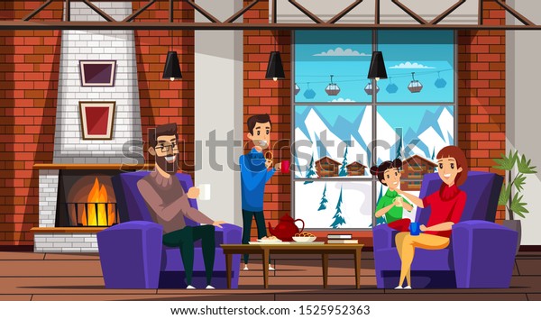 Family in ski resort flat vector illustration.\
Parents and children drinking tea with cookies in comfortable hotel\
room. Father, mother with teenage kids enjoy winter vacation and\
mountains landscape