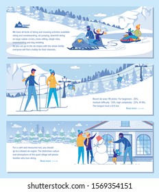 Family Ski Resort Hotel Vector Advertising Set.