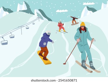  Família na estação de esqui. Snowboarder em pista de neve, inverno esqui elevador montanha, criança esquiador no elevador alpino, férias alpes, esporte de viagem, swanky vetor ilustração. Arte vetorial desenhada à mão.