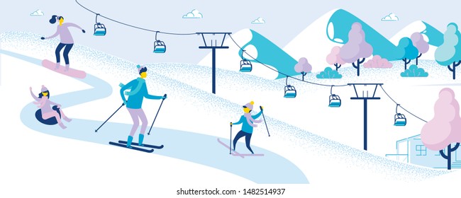 Family at Ski Resort. Winter Activity and Sports. People Skiing and Sledding. Going Down by Snowboard. Ropeway, Elevator. Kids and Parents Have Fun Outdoor. Snowy Landscape. Vector