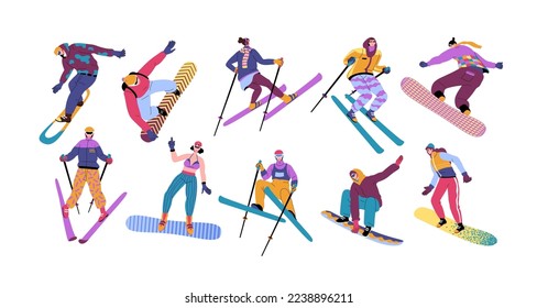 Family ski. Winter activity. People skiing or snowboarding. Outdoor sport. Active girl and woman. Man in outerwear. Snowboarder and skier poses set. Vector cartoon exact illustration