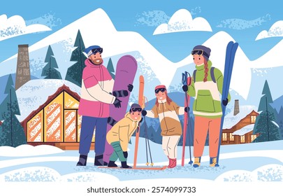 Family skiers. Children with parents on ski resort, winter vacation sport tourism happy kid daughter father son mother in skier mask snowboard outfit, classy vector illustration original artwork